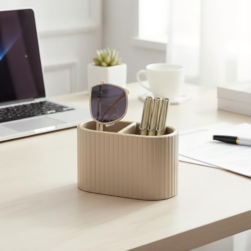 KINGFOM PU Leather Desk Organizer Pen Holder – Dual-Compartment Stylish Pencil Cup Remote Control Holder Desktop Supplies and Accessories Organizer Caddy for Office Home School (Mocha Beige) - Image 4
