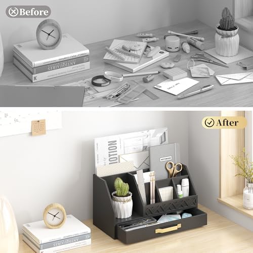 Bamboo Desk Organizer with Drawers, Mail Organizer Countertop Wood Desk Drawer Tabletop Storage Organization Pen Holder Letter Sorter Makeup Organizer for School Home Office (Black) - Image 6