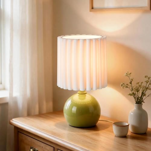 Ziqqeelam Green Small Table Lamp with Scalloped Linen Shade, Mini Green Table Lamp for Bedroom Nightstand, Cute Desk Night Light for Living Room, Bookshelf, Kitchen Counter, Kids Room, Office - Image 5