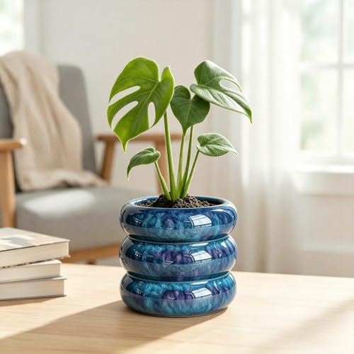 Ceramic Plant Pot Indoor, 6.5 Inch Flower Pot with Drainage Hole, Tiered Bubble Design Ceramic Planter for Home & Office Decor (Blue) - Image 5