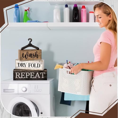 Moucuny 4 Pcs Farmhouse Laundry Room Decor Stacked Blocks Rustic Home Decor - Image 4