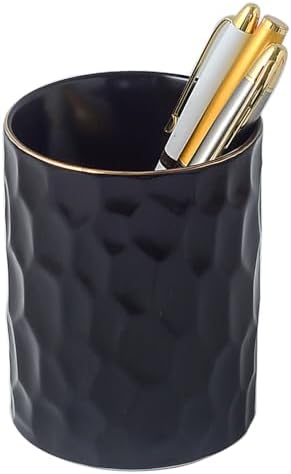 Ceramic Aesthetic Pen Holder for Desk Cute Pencil Holder Cup Pot Desk Organizer for Men Women Makeup Brush Holder Toothbrush Holder (Black) by YOSCO