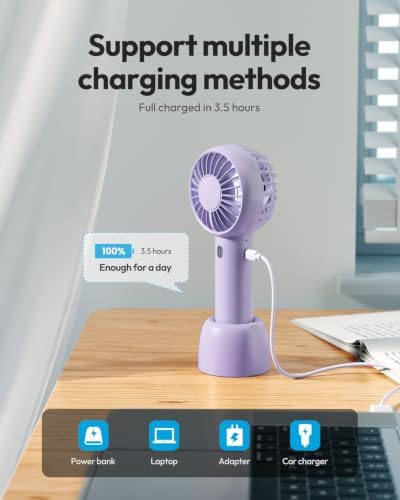 Gaiatop Mini Portable Fan, Small and Powerful, Cute Design 3 Speed Personal Handheld fan and Desktop with Base, Lightweight USB Rechargeable for Travel Lash Makeup Girl Women Summer Gift Purple - Image 6