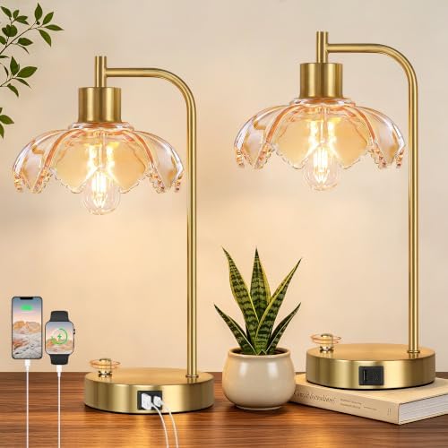 Glass Table Lamps Set of 2, Champagne Dimmable Bedside Lamps for Bedroom by Qimh