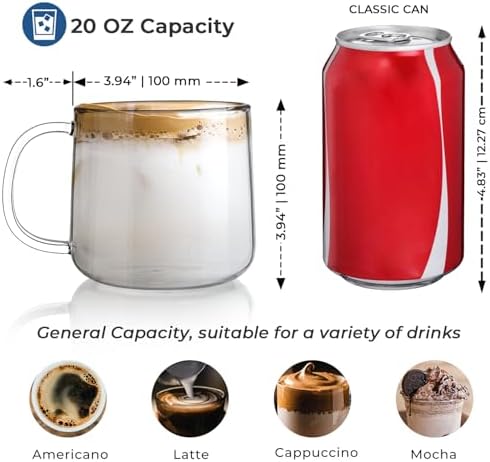 Aquach 20oz Glass Coffee Mugs Set of 2, Large Clear Borosilicate Tea Cups - Image 4