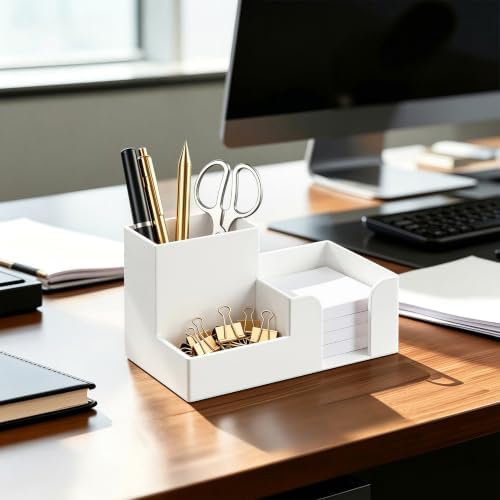 HBlife Acrylic Pen Holder for Desk, 3-Compartment Small Desk Organizer, White Office Supplies Desk Accessories with Sticky Notes Holder Stores Post It Notes 3X3 for Office, Home and School - Image 7