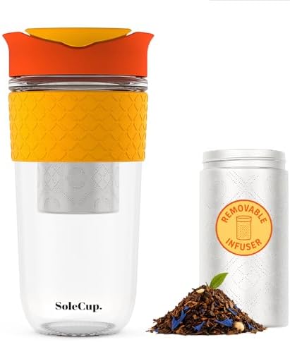 Large Travel Mug Loose Tea Infuser - Detachable Tea Strainer with Spill Proof Lid - 18oz/530ml BPA-Free Reusable Glass Travel Coffee Cup with Silicone Band (Red, 18oz) by SoleCup