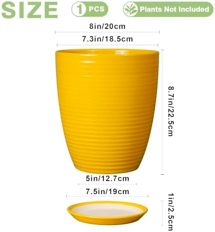 Ceramic Plant Pot - 8 Inch Planter Pot with Drainage Hole and Saucer Round Planter for Indoor Outdoor Plants Flower Pot for Home Patio Garden Office Yellow - Image 3