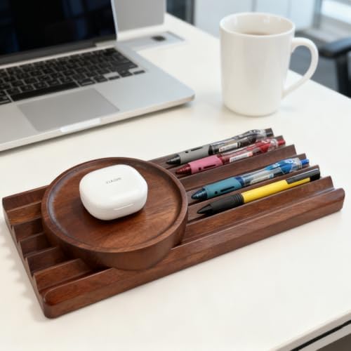 Horizontal Pen Holder for Desk, Walnut Pen Holder with 5 Compartments,Pen Tray Office Accessory, Teacher Gifts, Suitable for School, Home,Pen Tray for Desk (Walnut) by LITAITAI