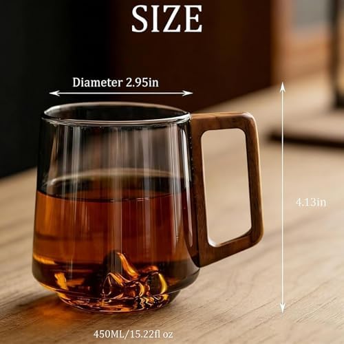 Gray Glass Slanted Coffee Cups with Wooden Handle, 15.2oz Wonder Mountain Bottom Wood Handle Cup, Hot & Cold Drinks Vintage Style Wood Handle Mug for Coffee& Tea Lovers(Clear,2pcs) - Image 7