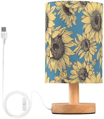 Rustic Sunflower Farmhouse Blue Bedside Table Lamps with USB Port for Bedroom Lamp Accent Table Lamp Small Nightstand Lamp Sturdy Linen Shade Wooden Base Decorative Lamps for Kids|Reading|Dorm|Home by Fustylead
