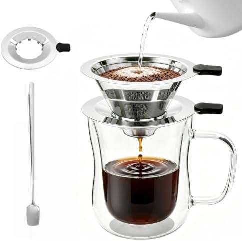Pour Over Coffee Maker with Cup, 2-in-1 Immersion & Drip Coffee Dripper, Stainless Steel Reusable Filter, Fits 3.3–4 Inch Cups, No Paper Filters Needed, Portable Coffee Brewer for Home Office Travel by Unknown