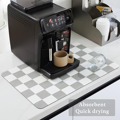 Checkered Dish Drying Mat for Kitchen Counter, Coffee Bar Station Accessories, Retro Cute Aesthetic Absorbent Coffee Mat Kitchen Drying Mat Easy Clean, Grey 16" x 24" - Image 4