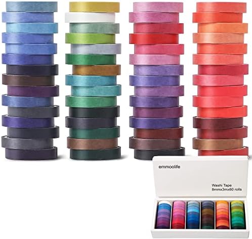 60 Rolls Washi Tape Sets 8mm Wide 10ft Long Basic Solid Color Rainbow Colored Decorative Thin Masking Tapes for Arts, Children Gifts, Bullet Journals, Wrapping Planner, Calendar, Scrapbooking DIY - Image 2