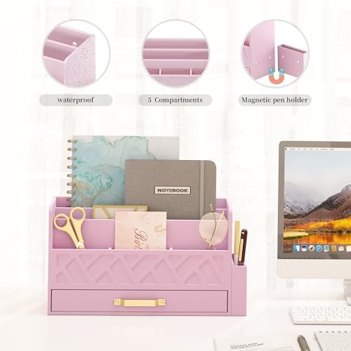 Wisuce Bamboo Mail Organizer Countertop with Drawer and Pen Holder, Pink - Image 3