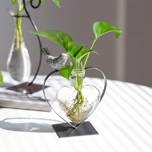 Marbrasse Desktop Glass Vase, Bulb Glass Vases for Holder, Creative Bird with Heart Planter Vase, Plant Terrarium Metal Stand for Modern Office Home Wedding Decorations - Image 4