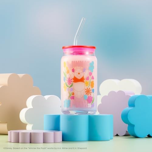 JoyJolt Disney Winnie the Pooh & Friends Flower Power Glass Tumblers with Lids and Straws, 16oz Glass Cups with Lids and Straws, Can Shaped Drinking Glasses Set of 4, Disney Gifts for Adults - Image 5