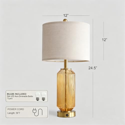 Oneach 24.5" Bedside Table Lamps Set of 2, Amber Glass Lamp with Nightlight - Image 4