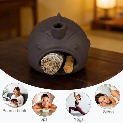Black Fish-Shaped Palo Santo Holder, Decorative Sage Burner with Chimney - Image 4
