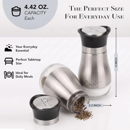 Circleware 68255 Cafe Contempo Elegant Glass Salt and Pepper Shakers Dispenser, Perfect for Himalayan Seasoning Herbs Spices, 4.4 oz, Silver - Image 6