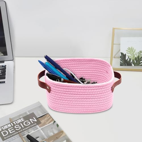 ABenkle Small Storage Basket, Mini Baskets with Handle, Cute Cotton Woven Baskets for Shelves, Boho Decorative Toy Storage Bin for Nursery, Spa, Empty Gift Basket - XS, Pink - Image 6