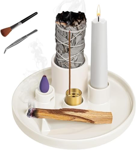 WhiteRhino Ceramic Incense Burner,6 in 1 Multifunction Incense Holder|Sage Holder for Burning|Palo Santo Holder|Candle Holder|Incense Cone Holder|Moon Shape Stand,Ash Catcher Tray for Meditation Yoga by WhiteRhino
