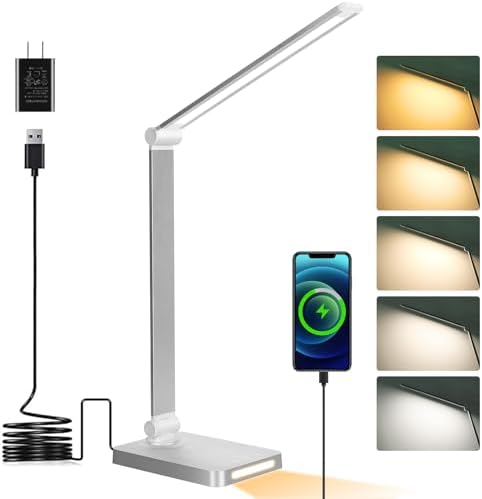 Dott Arts LED Desk Lamp with USB Ports,Touch Desk Lamps for Home Office with 5 Color Modes,3 Brightness Desk Light with Small Night Light,Reading Lamp Table LED Lamp for Bedroom Bedsid Study Sliver by DottArts