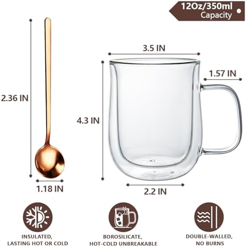 Double Walled Glass Coffee Mugs 12 oz, Glass Coffee Cups Set of 4 with Spoons, Clear Coffee Mug with Handles for Hot Beverages, Cappuccino, Latte, and Tea Bags. - Image 2