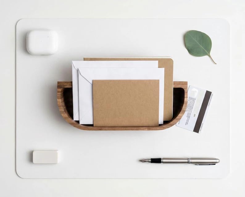 Natural Walnut Wood Desk Caddy, Minimalist Open Storage Organizer Tray for Business Cards Pens Small Office Desktop Accessories, Mid-Century Tabletop Wooden Catchall Holder for Home Office Workspace - Image 4