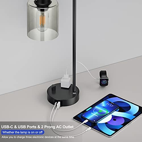 Industrial Bedside Desk Lamps for Bedroom - Grey Smoked Glass Shade Table Lamp with USB C Port, Fully Dimmable Small Lamps with USB Port and Outlet, Reading Nightstand Lamps for Office Living Room - Image 3