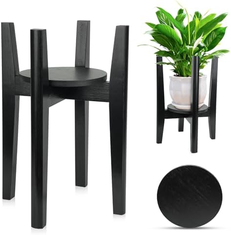 Adjustable Plant Stand with Tray,Indoor Wood Plant Stand Fit 8'' to 12'' Planter,Mid Century Modern Flower Pot Holder Rack(Plant and Pot Not Included),Black by ZIOZERTT