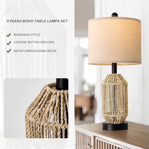OYEARS 21" Boho Table Lamps Set of 2 for Living Room, Bedside Lamps for Nightstand, Rattan Lamp for Bedroom, Farmhouse Table Lamps for Boho Decor, End Table, Retro, Black - Image 2