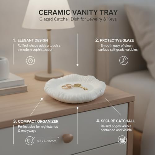 Glazed Ceramic Catchall Tray for Jewelry & Keys, Modern Round Vanity Dish for Nightstand, Entryway, or Bathroom Counter (1 Pack) - Image 5