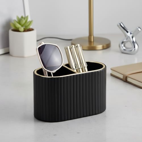 KINGFOM PU Leather Desk Organizer Pen Holder – Dual-Compartment Stylish Pencil Cup Remote Control Holder Desktop Supplies and Accessories Organizer Caddy for Office Home School (Black) - Image 3