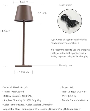 KDG 2 Pack Cordless Brown Table Lamps, Rechargeable Portable LED Desk Lamps - Image 5