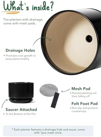 LE TAUCI Ceramic Pots for Plants, Set of 2, 10 + 12 Inch Plant Pot with Drainage Hole and Saucer, Durable & Stylish Planters for Indoor Plants, Elevate Your Home’s Aesthetic, Black - Image 3