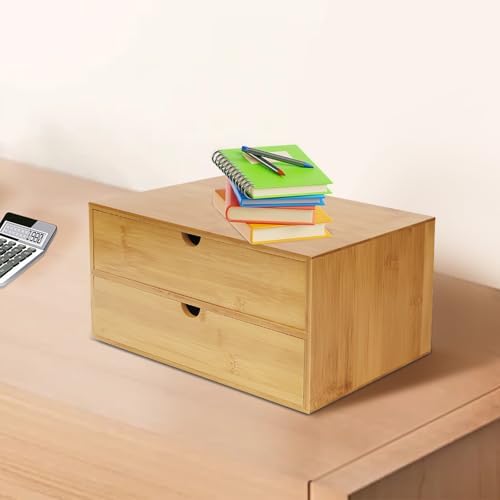 Small Desk Drawer Organizer, Bamboo Mini Desktop Drawer, Wood Tabletop Storage Organizer Box for Office Home Dormitory Toiletries Cosmetics Supplies, No Assembly Required (2 Drawers) - Image 2