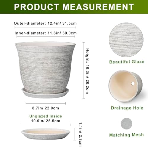 Ceramic Planter - 12 Inch Plant Pot with Drainage Hole and Saucer, Round Large Plant Pots for Indoor Outdoor, Modern Decorative Flower Pots, Garden Room Home Decor, Housewarming Gifts, Grey - Image 2