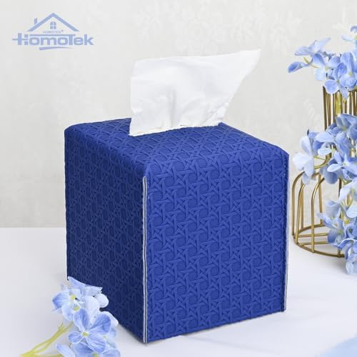 HOMOTEK 2 Pack Tissue Box Cover, Square PU Leather Tissue Holder, Decorative Facial Tissue Cube Paper Organizer Dispenser for Bathroom, Night Stands, Desk, Car 5X5X5'' - Rattan Weave,Blue - Image 4