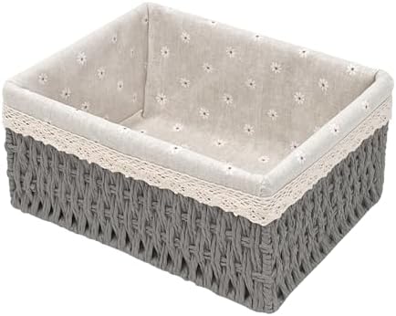 Large Wicker Storage Basket with Liner, Hand-Woven Paper Rope Rattan Organizer Bin for Pantry, Countertop, Bathroom, Bedroom, Shelves (Grey, L) by EITMOW