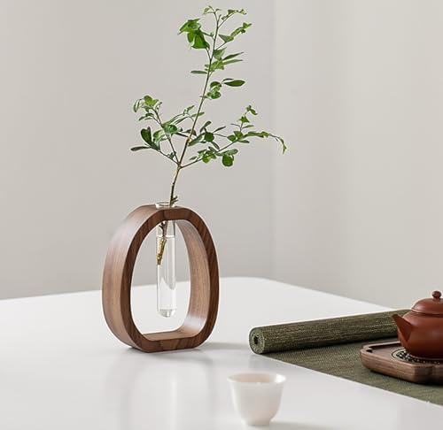Solid Wood Hydroponic Vase with Glass Tube, Handmade Wooden Plant Propagation Station, Minimalist Desktop Water Planter for Home and Office Décor - Image 3