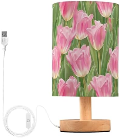 Pink Tulip Flower with Green Leaves Bedside Table Lamps with USB Port for Bedroom Lamp Accent Table Lamp Small Nightstand Lamp Sturdy Linen Shade Wooden Decorative Lamps for Kids|Reading|Dorm|Home by Fustylead