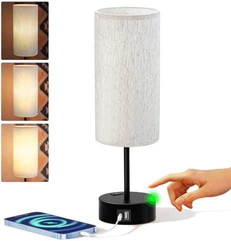KPQ Bedside Lamp Touch Control Table Lamp with USB A+C Charging Ports & AC Outlet 3-Way Dimmable Nightstand Lamp with Linen Fabric Shade (Beige Shade-Black Base, 14" Small Size Touch Control) by KPQ
