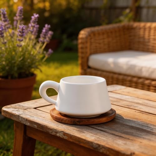 Set of 1 Ceramic Tea White Cup and Wood Saucer - 7 oz Tea Mug - Wide Cappuccino Cup, Coffee Cups for Cappuccino, Latte, Espresso, Americano - Image 2