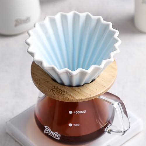 Bincoo Ceramic Coffee Dripper,Pour Over Coffee Dripper with Wood Stand, Flower-shape for 1-2 Cups Slow Brewing Maker for Home Cafe (Blue) - Image 6