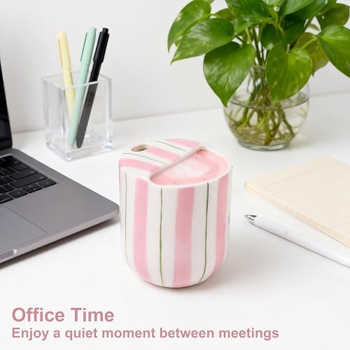 Ceramic Coffee Mug with Sip Hole 10oz Aesthetic Espresso Cup with Hand Painted Striped Coffee Mug for Kitchen Dining Travel (Pink&Green, 2Pack) - Image 5