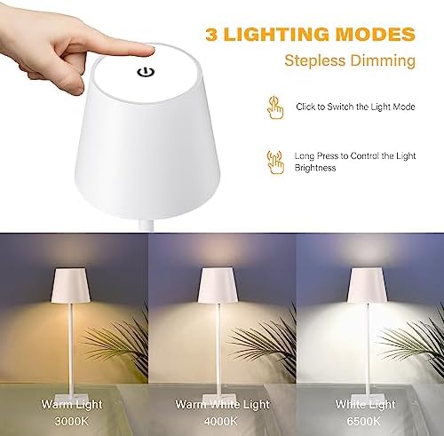 CHLORANTHUS 2 Pack Cordless Table Lamps, 3 Colors Stepless Dimming, 5000mAh Rechargeable Battery LED Desk Lamp for Bedroom/Couple Dinner/Desk/Cafe/Dining Room/Terrace - Image 3