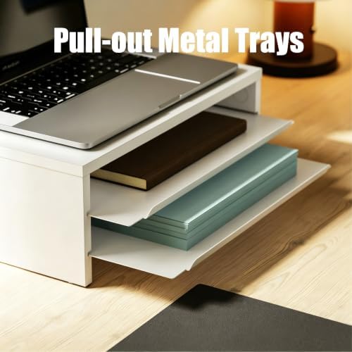 Fenge 14.3-Inch Monitor Stand with Slide-Out Trays, Wood & Metal Desk Shelf - Image 4
