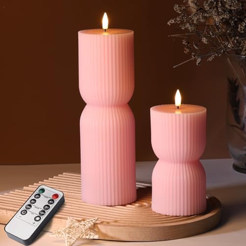 Pink Ribbed Flameless Pillar Candles with Remote Set of 2 by Girimax