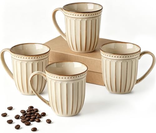 HASENSE Coffee MugsSet of 4, 16 Oz Embossed Vertic Fluted Ceramic Cups by Hasense